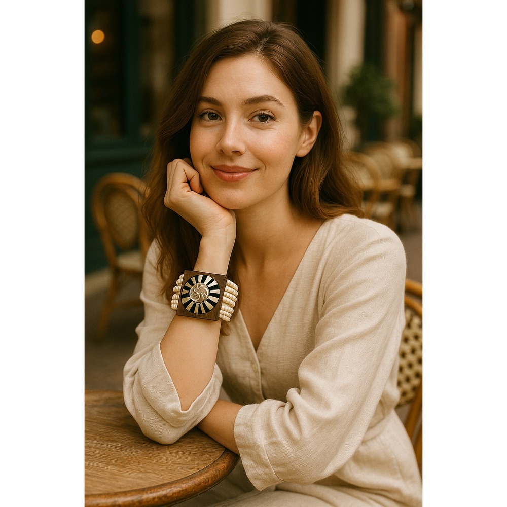 Boho Wood Mother of Pearl Inlay Square‎ Multi Strand Beaded Bracelet
